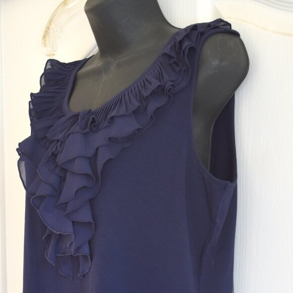 LAUREN RALPH LAUREN WOMEN'S SLEEVELESS NAVY BLUE RAYON RUFFLE BLOUSE LARGE, NWT - Picture 6 of 13